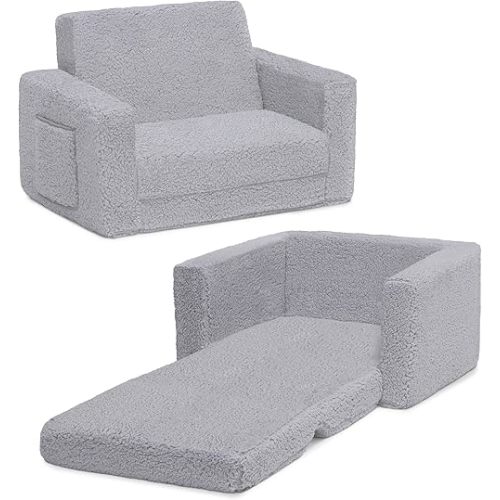 Delta Children Cozee Flip-Out Sherpa 2-in-1 Convertible Chair to Lounger for Kids, Grey