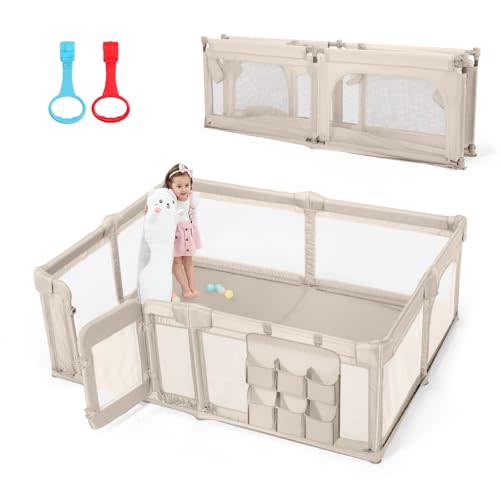 Baby Playpen,79"x59" Foldable Playpen for Babies and Toddlers with Gate,Large Baby Play Pens with Zipper Door,Play Yards Play Area (Light Khaki)