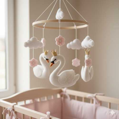 Swan Baby Mobile, Pink Nursery Decor, Baby Crib Mobile, Handmade New Baby Gift