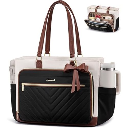 LOVEVOOK 17 Inch Laptop Tote Bag for Women, Teacher Nurse Work Tote Bags with Large Cup Holder & Multi-Pockets for Office Travel College, Computer handbags Quilted Diaper Bag Gifts, Beige-black-brown