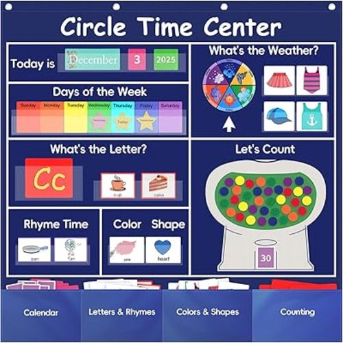 Circle Time Learning Center Classroom Pocket Chart, Circle Time Calendar Preschool Include 224 Cards, Educational Pocket Chart Material, Learning Calendar Weather Letter Counting Color Shape