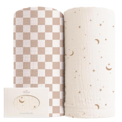 Konssy Muslin Swaddle Blankets, 100% Cotton Receiving Blankets, 47"x 47" | 2 Pack, Soft & Lightweight, Perfect for Receiving & Swaddling, Newborn to Toddler, Boys & Girls (Coffee Check,Moon)