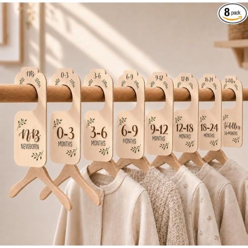 Baby Closet Dividers for Clothes Organizer - Set of 8 Beautiful Wooden Double-Sided Baby Clothes Size Hanger Organizer from Newborn to 24 Months for Boho Nursery Decor