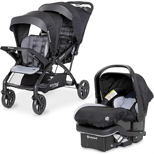 Baby Trend Infant and Toddler Double Stroller & Car Seat Combo, 2 Pc Set, Stormy - Lightweight and Compact Travel Stroller and Carseat Tandem for Babies, Infants, and Toddlers