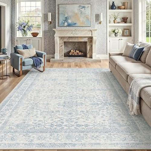 HUGEAR 8x10 Light Blue Vintage Floral Washable Area Rug for Living Room