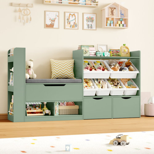 Latitude Run® 📖 63”W 35.4”H Kids Bookcase with Cozy Reading Nook, Toy Storage Bins & Rolling Drawers - A Toddler Bookshelf That Organizes, Displays, and Inspires Daily Storytime & Reviews | Wayfair
