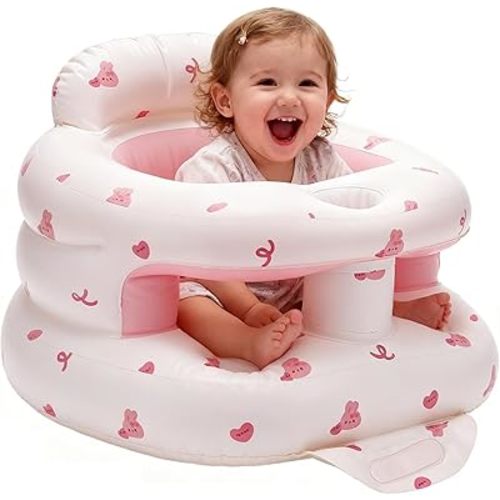 Inflatable Baby Seat for Babies 3-36 Months,Baby Floor Chair with Built in Air Pump,Infant Back Support Seat for Sitting & Learning to Sit (Pink Bunny)