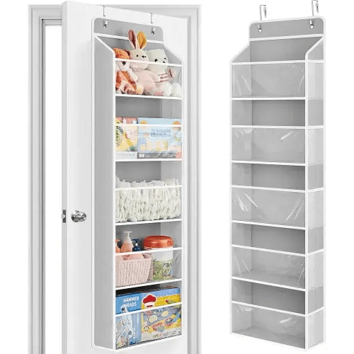 JARLINK Toy Stuffed Animal Storage, Over The Door Organizer W/Clear View Windows, 44lb Load, Baby Toy Storage Organizer for Nursery, Kid Bedroom, Newborn Baby Essentials (Light Grey)