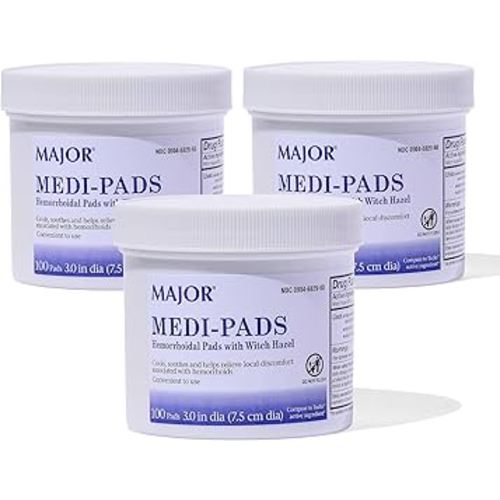 MAJOR Medi-Pads - Hemorrhoidal Hygienic Cleansing Witch Hazel Pads - Cooling Relief with Aloe - 100 Count Jar (3 Pack)