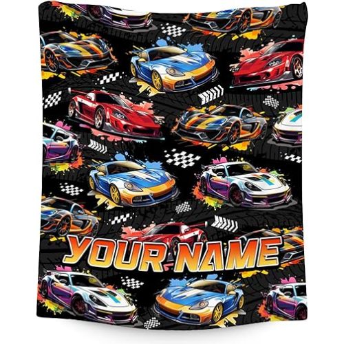 Boys Blanket Personalized Racing Car Blankets Gifts for Kids Toddler - Custom Name Plush Cozy Flannel Throws (4 Sizes)