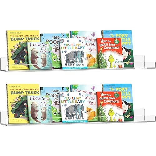 HBlife 24 Inches Floating Shelves Wall Mounted Clear Acrylic Shelves for Figures, 16 Inch Stud Spacing Invisible Floating Bookshelf for Kids and Nursery, 2 Pack (5MM Thick)