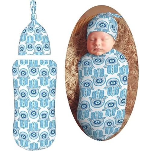 Hamsa Hand Evil Eye Newborn Swaddle Blankets Hat Sets Soft Baby Receiving Blanket Swaddle Sack for Baby Shower Infant Boy Girl Gift