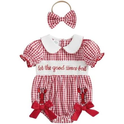 Toddler Baby Girl Summer Clothes Plaid Letter Lobster Embroidery Short Sleeves Dress/Shirt Romper Bodysuit