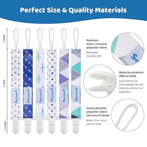 Smlpuame Pacifier Clips for Boys,6 Pack Stylish Binky Clips Strap,Paci Holder with Clip Lightweight Universal Fits Most Pacifiers Teether Toy Teething Ring Soothie,Baby Shower Gifts(Green & Blue)