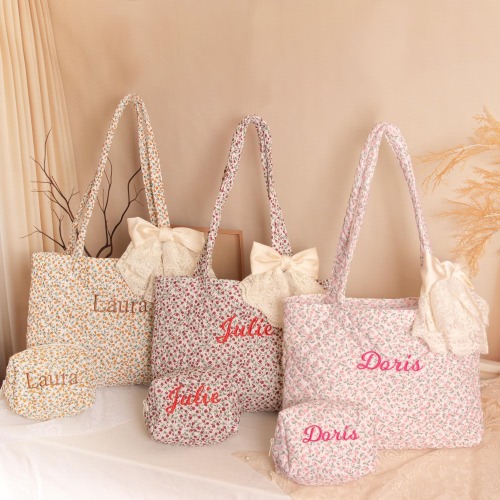 Personalized Quilted Tote Set, Floral Bag with Lace Bow, Shoulder Bag & Cosmetic Pouch
