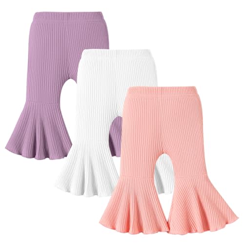 DREAM BUS 3 Pack Baby Girl Pants Toddler Leggings Solid Ribbed Cotton Baby Girls Flare Pants Toddler Bell Bottoms