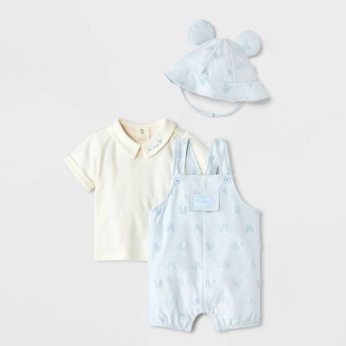 Baby Boys' 3pc Disney Mickey Mouse Bodysuit & Shorts Overalls Set with Hat - Blue 0-3M