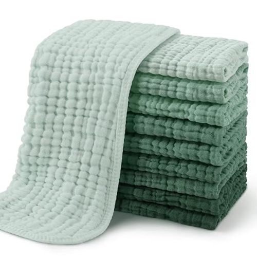 Yoofoss Muslin Burp Cloths for Baby 10 Pack 100% Organic Cotton Baby Washcloths for Boys Girls Large 20''X10'' Super Soft and Absorbent Gradient Green