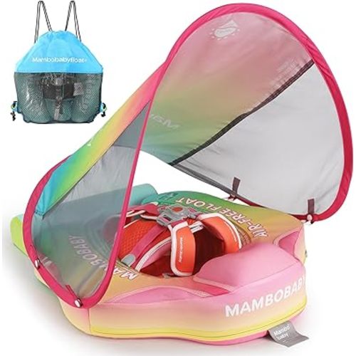 Mambobaby Float Add Tail Baby Swim Float with Canopy Solid Pool Infant Swim Trainer Swimming Training Lying Air Free Water Floats Non-Inflatable Waist Swim Ring for Toddlers (Rainbow)