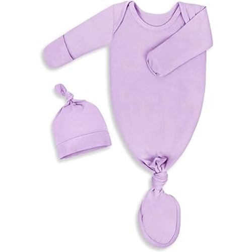Newborn Knotted Baby Gown 0-6 Months, Super Soft Breathable Nightgowns for Babies Girl, Baby Girls Coming Home Hospital Outfit with Hat Set Purple