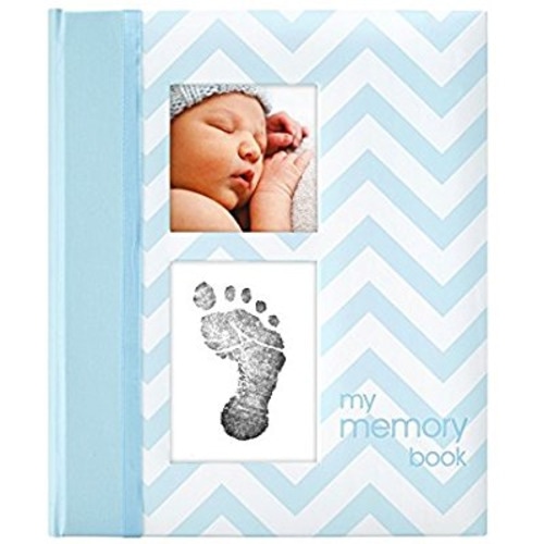Pearhead First 5 Years Chevron Baby Memory Book with Clean-Touch Baby Safe Ink Pad to Make Baby’s Hand or Footprint Included, Blue - Blue Chevron Babybook