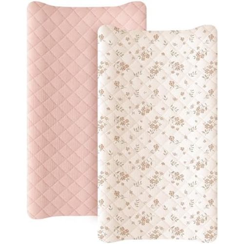Konssy 2 Pack Quilted Muslin Changing Pad Cover, Waterproof Layer, 32"x16"