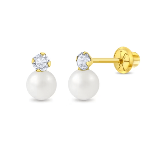 14k Gold Pearl With CZ Drop Toddler / Kids / Girls Earrings Safety Screw Back