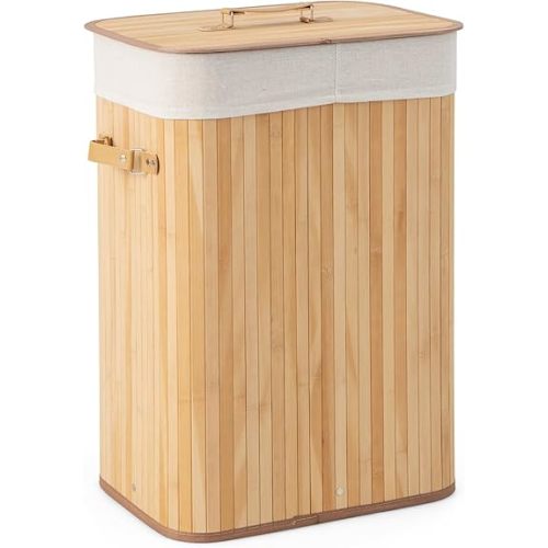 Giantex Bamboo Laundry Hamper with Lid, 72L Large & Tall Clothes Hamper w/Removable Liner & Handles, Rectangular Laundry Basket for Small Spaces, Laundry Room, Bedroom (Natural)
