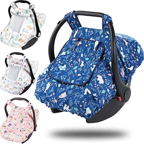 Car Seat Canopy- 100% Cotton Baby Car Seat Covers has Peep Windows and Breathable Mesh( Carrying Pouch for Easy Storage)- Stretchy Car Seat Covers for Babies Fit All Baby Car Seat