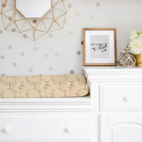 Airplane Diaper Changing Pad Cover, Tan Brown Flying Aviation Baby Boy Nursery, Soft Cotton Infant Changing Pad Cover, Fits Standard Changing Pads, Vintage Airplane Design