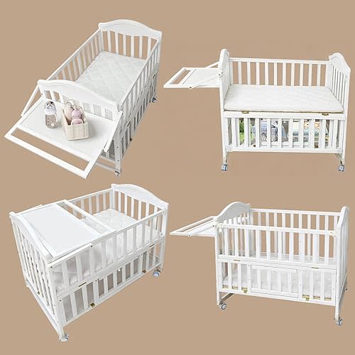 Portable Mini Baby Crib - Cunas para Bebes with Changing Shelf and Mattress Included,2025 Wheeled Wood Baby Bassinet,Bassinet Bedside Co Sleeper for Small Room,White
