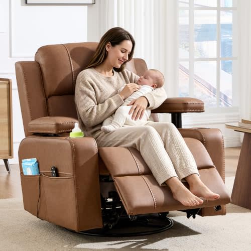CANMOV Power Nursery Rocking Chair with Adjustable Armrests, Brown | 270° Swivel Rocker Recliner Chair with Cup Holder, Side Pocket, Comfy Electric Glider Chair for Living Room, Bedroom