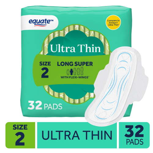 Equate Ultra Thin Pads with Flexi-Wings, Long Super Absorbency, Size 2, 32 Count HSA/FSA Eligible