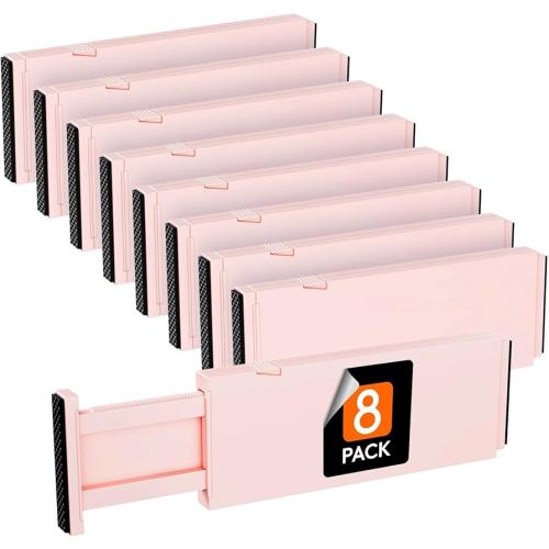 Lifewit 8 Pack Drawer Dividers 4" High, 11-17" Adjustable Dresser Drawer Organizers for Clothes, Expandable Dresser Separators in Bedroom/Bathroom/Kitchen/Vanity/Office Organization and Storage, Pink