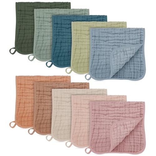 HIPHOP PANDA Muslin Burp Cloths, 10 Pack - Large 20" X10" - Ultra Absorbent and Soft 100% Cotton Baby Essentials Drool Rags and Messes for Newborn - ​Colorful Designs for Boy Girl, Multicolor