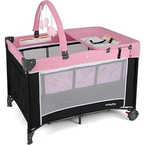 BABY JOY 3 in 1 Pink Pack and Play, Travel Baby Crib Bassinet Bed with Bassinet for Girl, Changing Table w/Safety Belt, Toy Bar, Lockable Wheels, Portable Baby Playard from Newborn to Toddler
