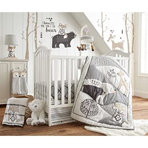 Levtex Baby - Bailey Crib Bed Set - Baby Nursery Set - Charcoal, Taupe, White - Neutral Forest Theme - 5 Piece Set Includes Quilt, Fitted Sheet, Diaper Stacker, Wall Decal & Skirt/Dust Ruffle