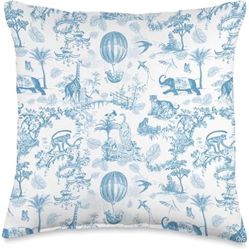 Preppy Cornflower Blue Toile Chinoiserie with Leopard Monkey Throw Pillow