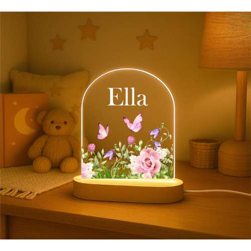 Personalized Baby Night Light: Custom Name, Flowers & Butterflies