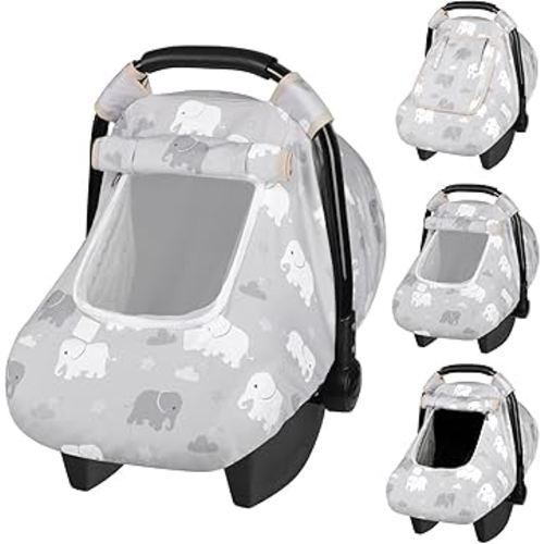 Windproof Baby Car Seat Cover, 3D Mink Dot Infant Car Seat Canopy with Breathable Mesh Window, Baby Carrier for All Seasons, Easy Access Carseat Covers Snug Fit Infant Stroller(Elephant)