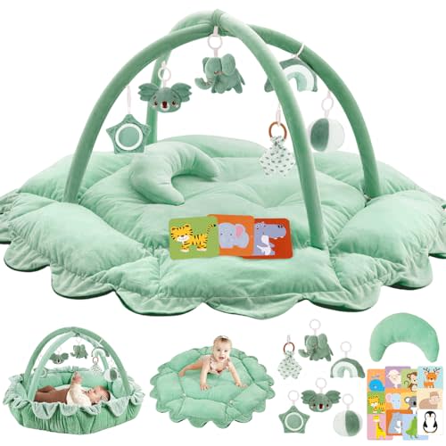5-in-1 Plush Baby Play Gym, Baby Play Mats, Convertible Baby Gym with Pillow, Tummy time mat, 6 Sensory Toys, Activity Center from Newborn to Toddler, Pet Bed, Cat & Dog Bed, Ball Pit, Sage Green