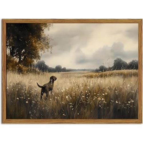 Framed Vintage Hunting Black Dog Wall Art, Rustic Country Landscape Pictures Wall Decor, Farmhouse Animal Paintings Canvas Prints for Home Living Room Bedroom 12x16 inch