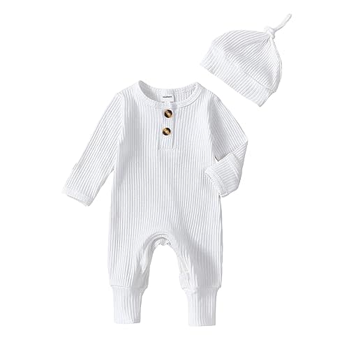 Pivanzore Newborn Infant Baby Boy Girl Footie Romper Waffle Knit Side Button Jumpsuit Sweater Coverall Jumpsuits with Hat Set