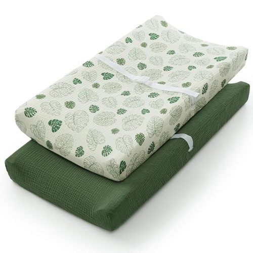 Blissful Diary Muslin Changing Pad Cover for Girls Boys, Ultra Soft Breathable Cotton, Baby Diaper Change Table Pad Covers, 2Pack (Monstera Leaves&Dark Green)