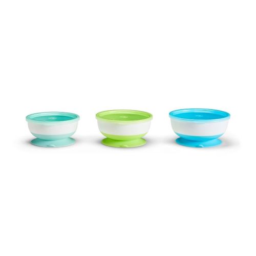 Munchkin 3pc 2.5 Plastic Cup Stay Put Suction Baby Bowls with Lids - Blue/Green: Round Shape, 4.7in Diameter