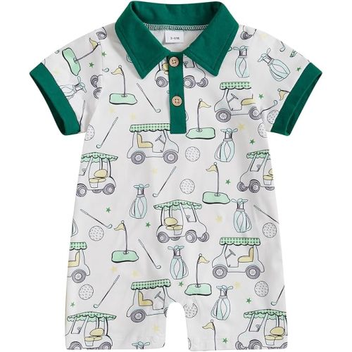 Newborn Baby Boy Golf Outfit Golf Cart Onesie Polo Shirt Romper Short Sleeve Jumpsuit Cute Infant Summer Clothes