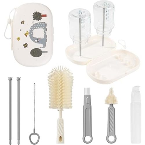 7-in-1 Baby Bottle Brush Set, Silicone Bottle Cleaner Kit with Nipple & Straw Brush, Soap Dispenser, Drying Rack & Travel Storage Case, Baby Bottle Cleaning Essentials (Grey_Elephant)