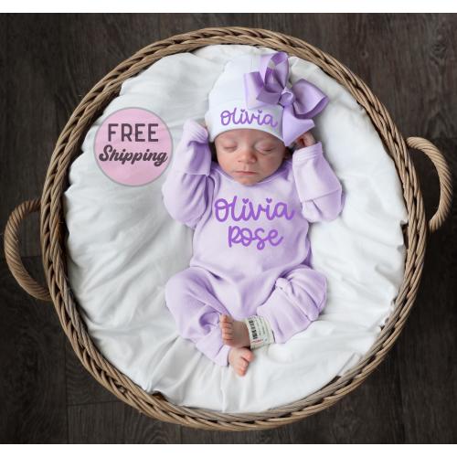 Personalized Baby Girl Coming Home Outfit: Soft Cotton Romper, Hat with Bow