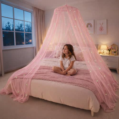 Bollepo Pink Bed Canopy for Girls with Glowing Stars - Premium Canopy Bed | Fits Single, Twin, Full, Queen Size Kids Bed, Princess Netting Room Decor, Ceiling Tent to Cover Toddler, Canopy for Bed