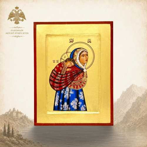 Lullaby of the Theotokos Icon, Handmade Byzantine Virgin Mary and Christ, 22K Gold Leaf